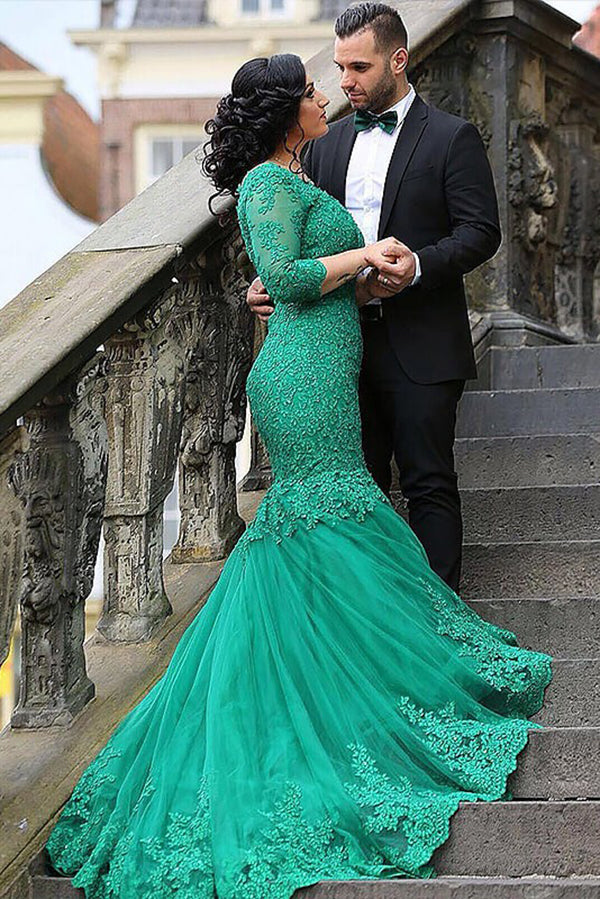 Green Mermaid V-neck Tulle Applique 3/4 Sleeves Long Plus Size Prom Dresses N1221