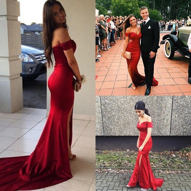 Red Off the Shoulder Split Mermaid Prom Dresses Long Formal Dresses with Slit N1685