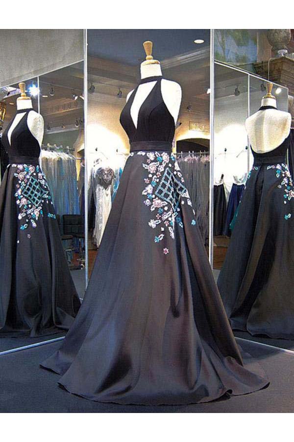 Black Halter Backless Evening Dress Deep V Neck Prom Gown with Appliques N1442