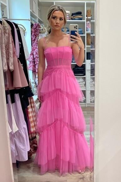 Fashion Hot Pink Layered Ruffles Evening Gown A-Line Tulle Long Prom Dress