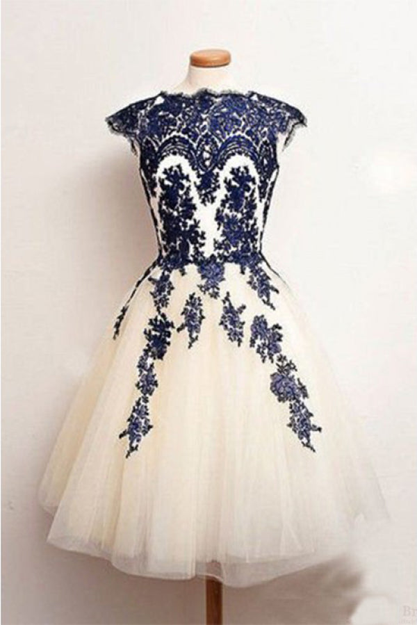 Knee Length Lace Applique Short Tulle Prom Dresses, A Line Ivory Homecoming Party Dresses