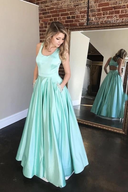 Mint Green A-Line Satin Beaded Pockets Cut Back Long Prom Dress