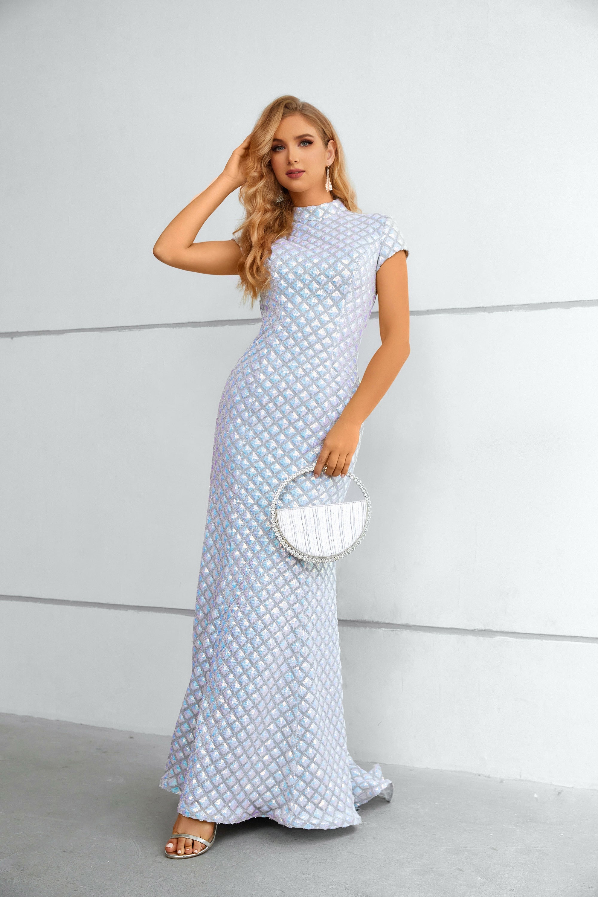Short Sleeve Evening Dress Mermaid Shiny Long Prom Dress