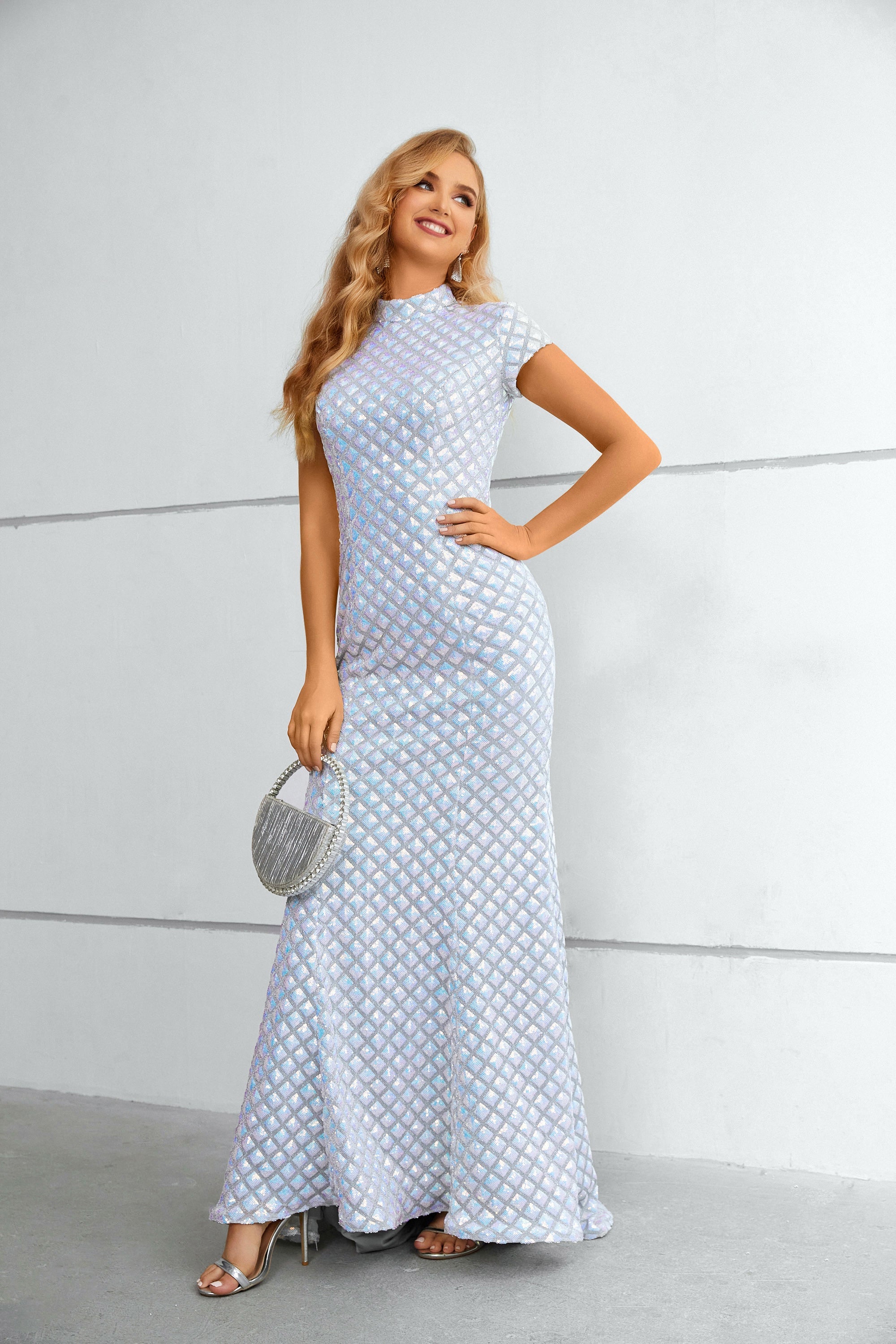 Short Sleeve Evening Dress Mermaid Shiny Long Prom Dress