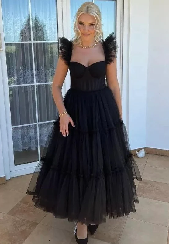 Black Tulle Ruffles Tea Length Formal Prom Graduation Dress PM204