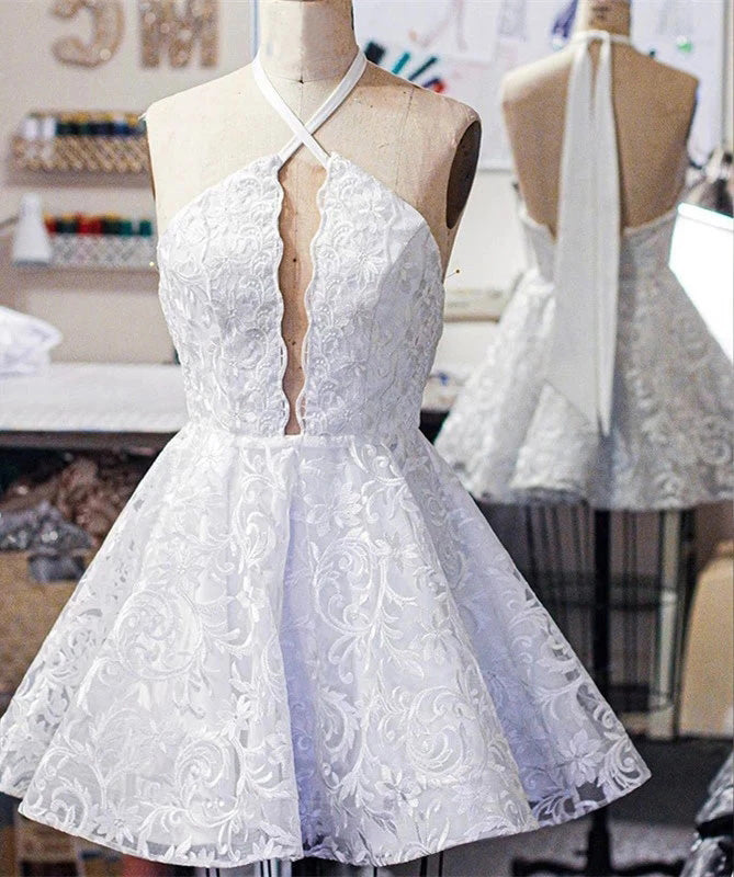 Lace Halter Sleeveless Short Homecoming Dresses Unique Lace Short Prom Dresses N1987