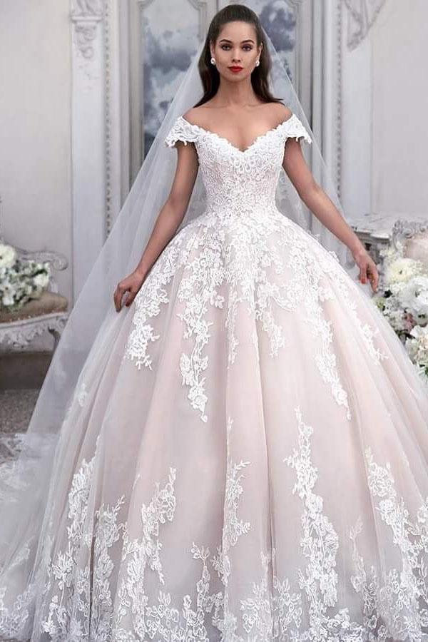 Light Pink Off the Shoulder Ball Gown Tulle Wedding Dresses with