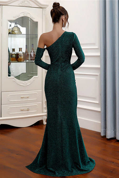 Sheath Asymmetrical Long Sleeve Party Dresses High Split Long Evening Dresses