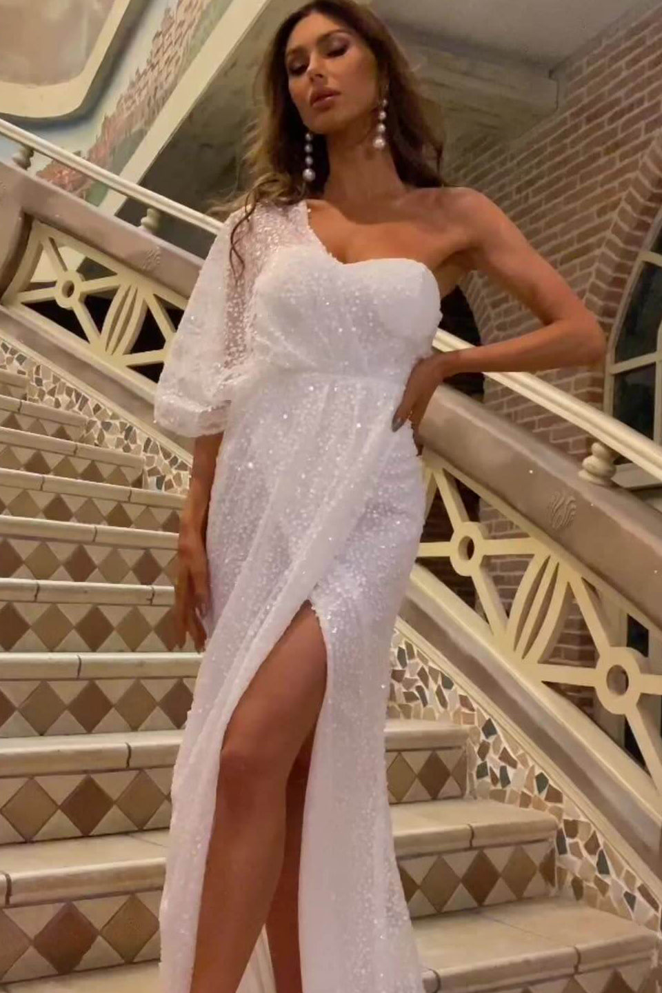 One Shoulder Sweetheart Prom Dresses Elegant Sequined Split Sweep Train Evening Dresses
