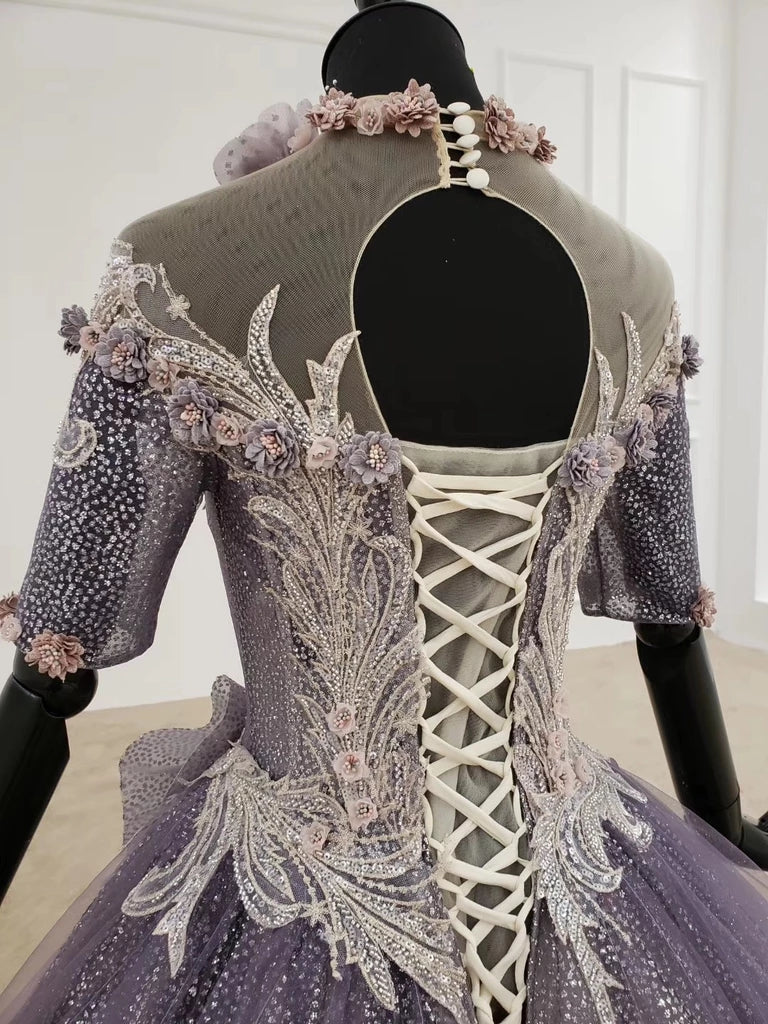 Sparkly Ball Gown Half Sleeves Princess Wedding Dresses with Flowers