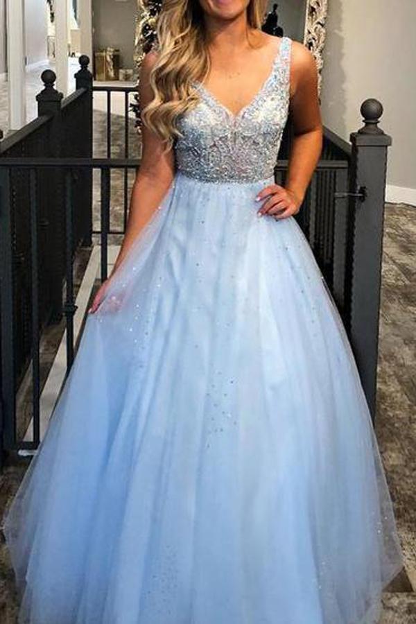 Sky Blue V-Neck Charming Beaded Tulle A-Line Ball Dress Junior Prom Dress