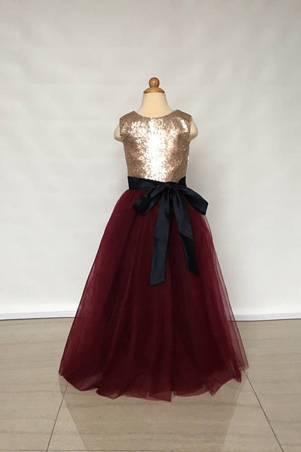 Floor Length Sleeveless Gold Sequin Burgundy Tulle Flower Girl Dresses with Black Sash F019