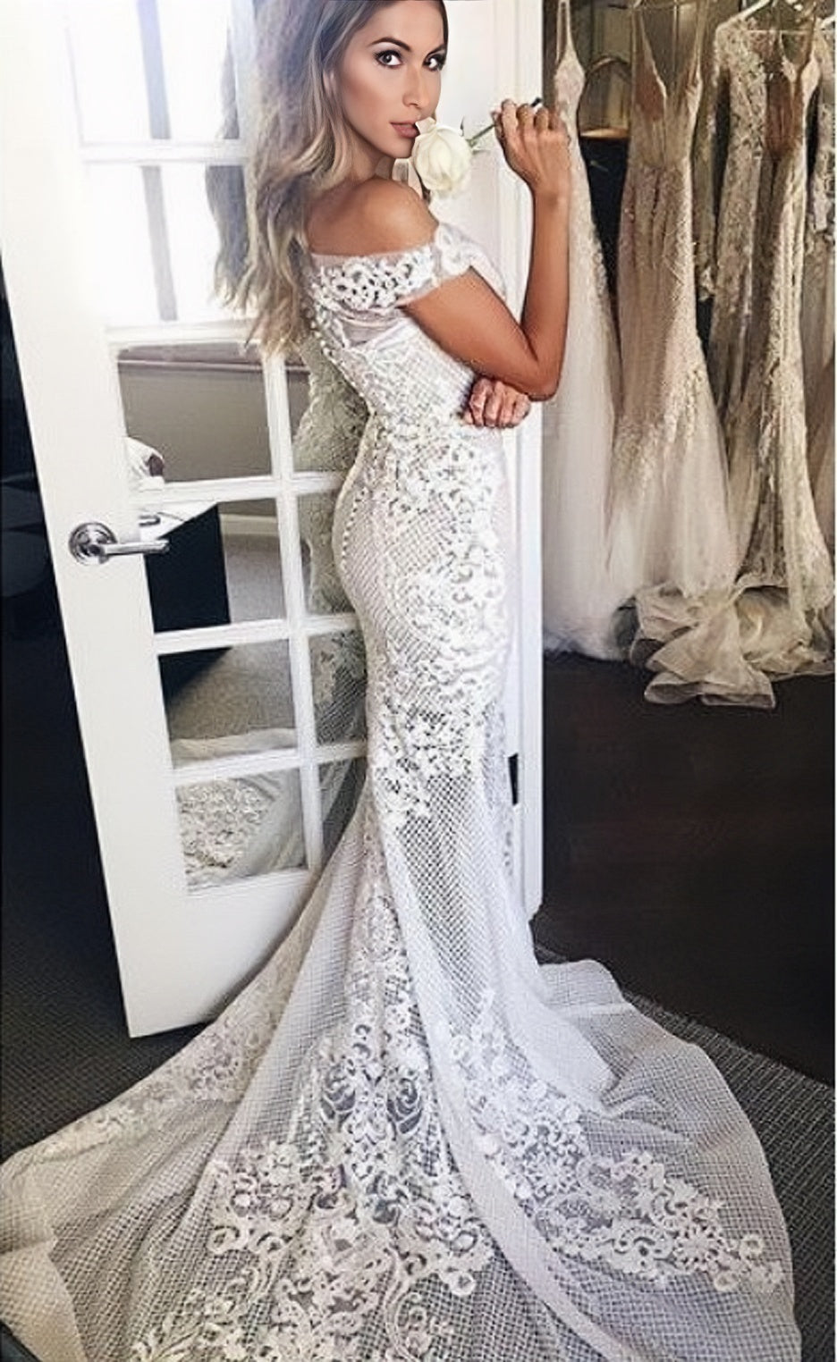 Mermaid Off-the-shoulder Sheer Lace Appliques Beach Wedding Dress N496