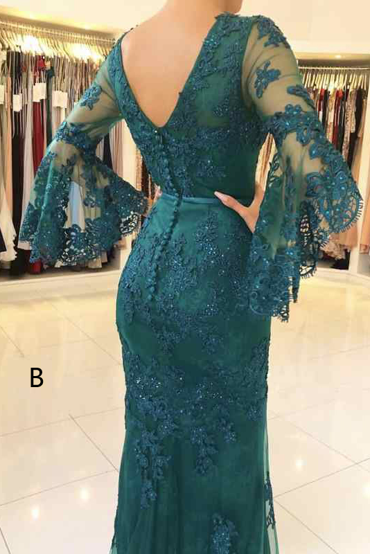 Mermaid White V-Neck Lace Appliqued Evening Dresses with Sleeves N2026