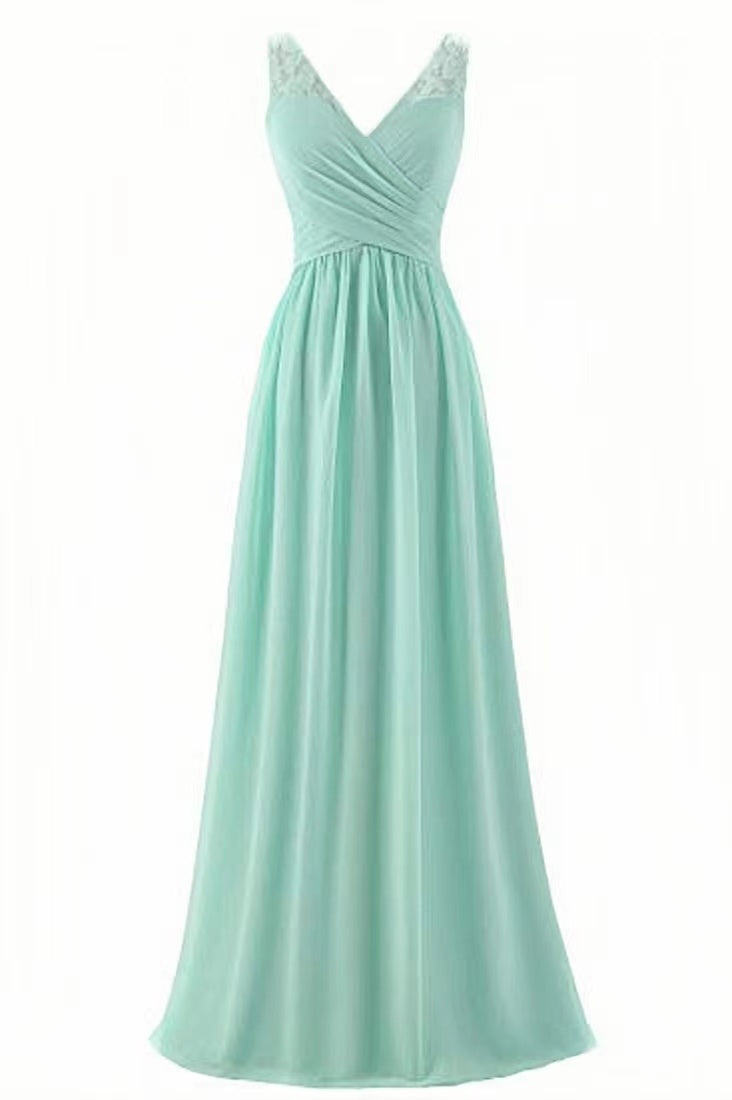 Mint Green V-Neck Pleated Long Bridesmaid Dresses with Lace N1855