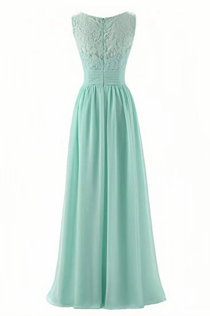 Mint Green V-Neck Pleated Long Bridesmaid Dresses with Lace N1855