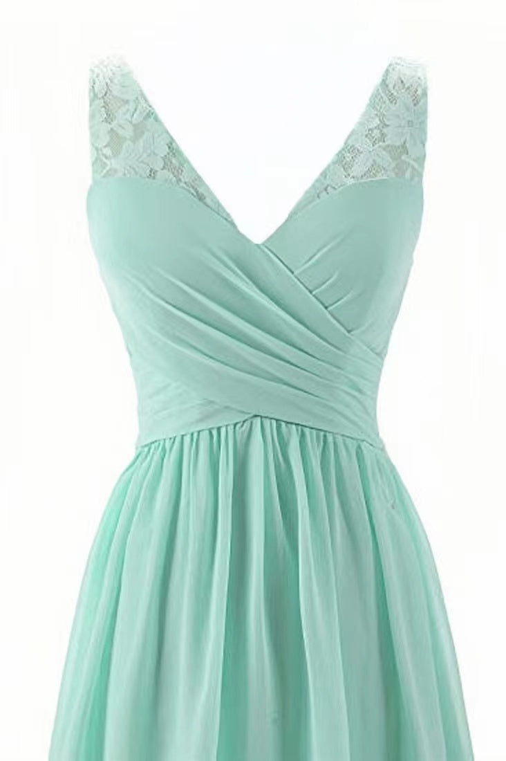 Mint Green V-Neck Pleated Long Bridesmaid Dresses with Lace N1855