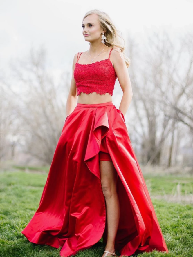 A Line Two Pieces Lace Top Satin Skirt with Ruffled Side Opening Prom Dresses