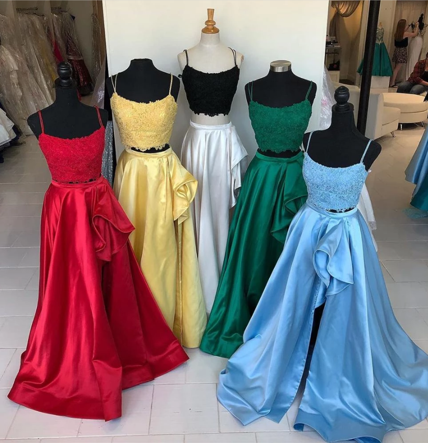 A Line Two Pieces Lace Top Satin Skirt with Ruffled Side Opening Prom Dresses