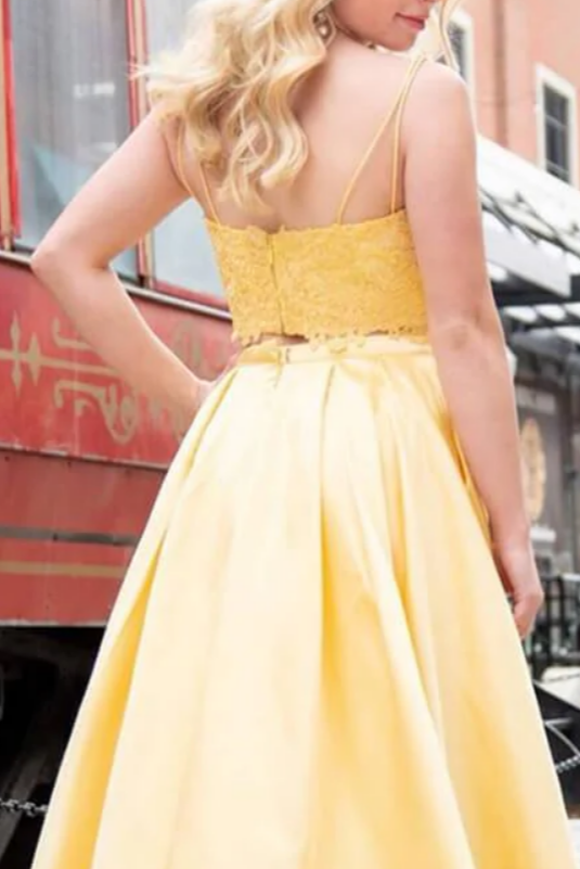 A Line Two Pieces Lace Top Satin Skirt with Ruffled Side Opening Prom Dresses