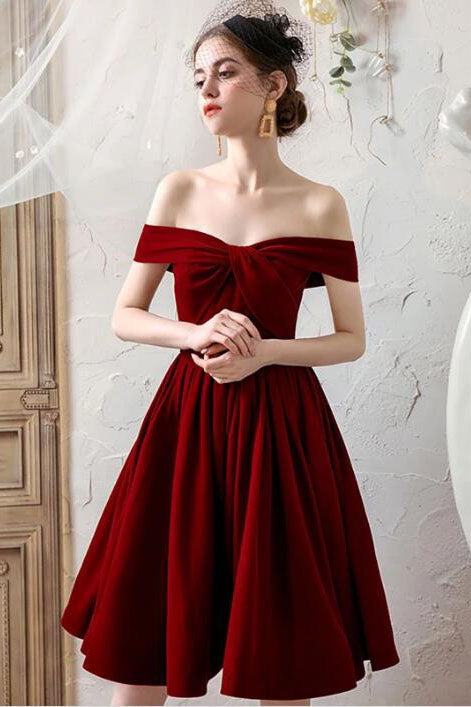 Burgundy Off the Shoulder Pleated Homecoming Dress, Knee Length