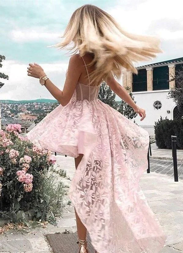 A Line Spaghetti Straps Pink Lace Homecoming Dresses