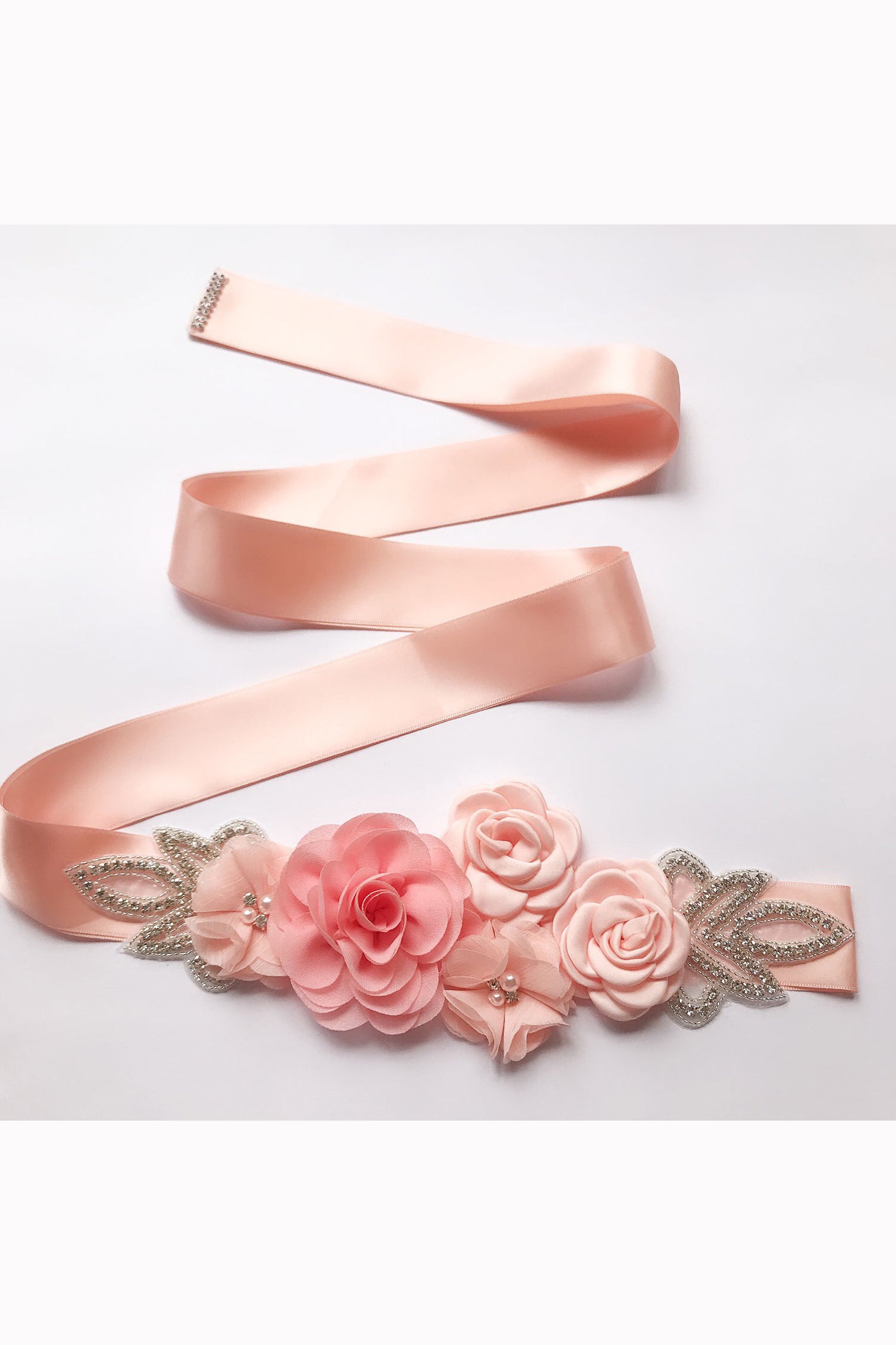 Rose Flower Rhinestone Pearls Wedding Sash B02
