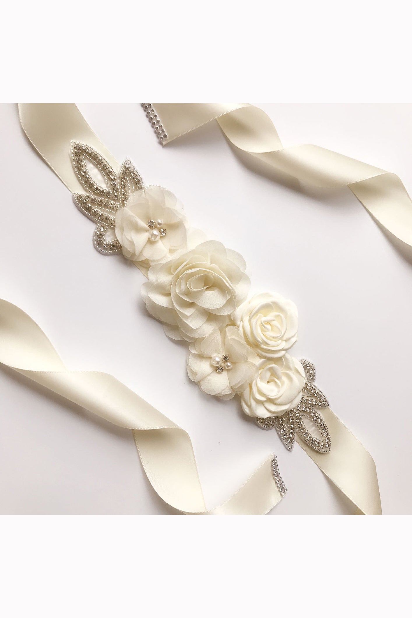 Rose Flower Rhinestone Pearls Wedding Sash B02
