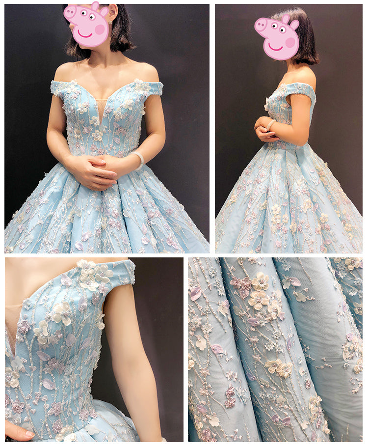 Light Blue Off the Shoulder Ball Gown Quinceanera Dresses Senior Lace Prom Dresses N1552