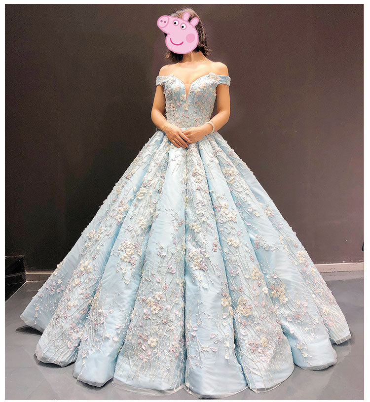 Light Blue Off the Shoulder Ball Gown Quinceanera Dresses Senior Lace Prom Dresses N1552