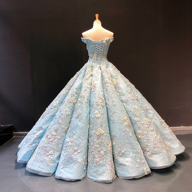 Light Blue Off the Shoulder Ball Gown Quinceanera Dresses Senior Lace Prom Dresses N1552