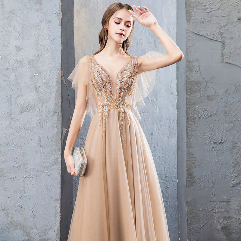 A Line V-Neck Short Sleeves Long Tulle Prom Dresses Evening Dresses with Beading N2656