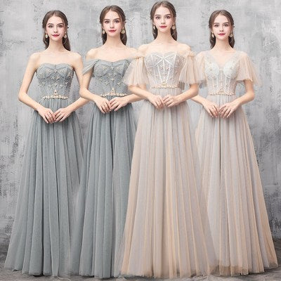 Off Shoulder Floor Length Tulle Prom Dresses Bridesmaid Dresses N2312