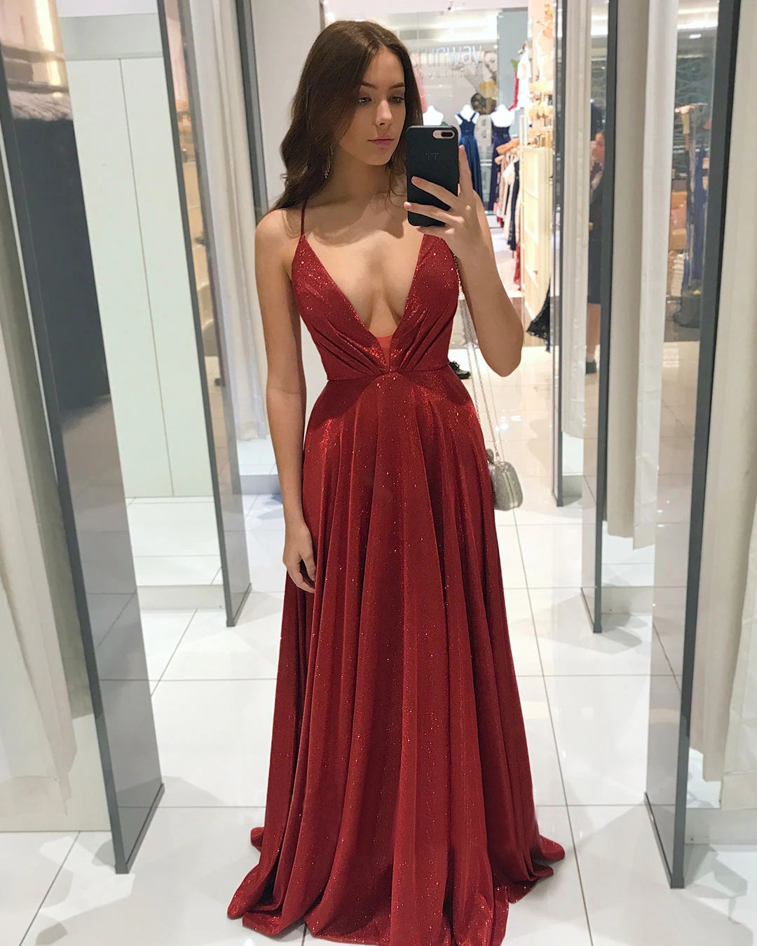 Shiny Spaghetti Straps A Line Blue Long Prom Dresses