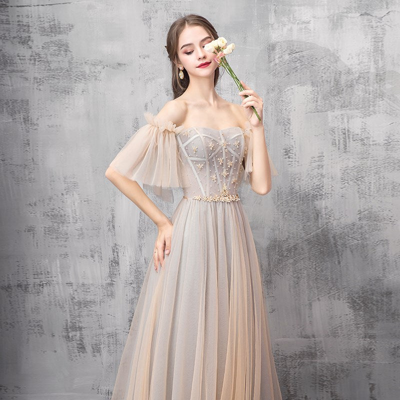 Off Shoulder Floor Length Tulle Prom Dresses Bridesmaid Dresses N2312