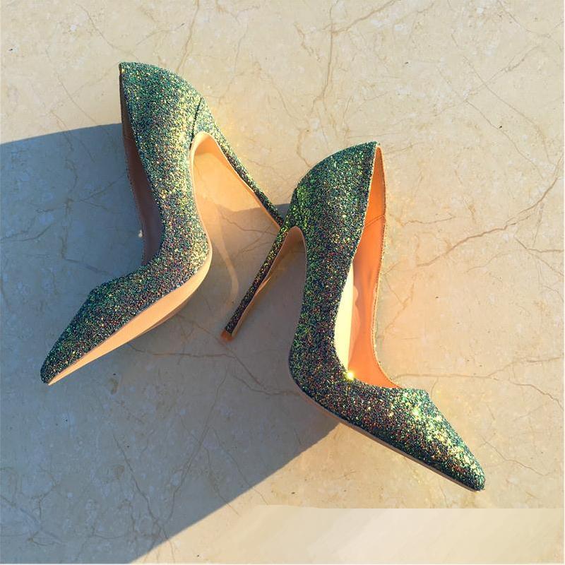 Green Glitter High-heels Fashion Evening Party Shoes yy34
