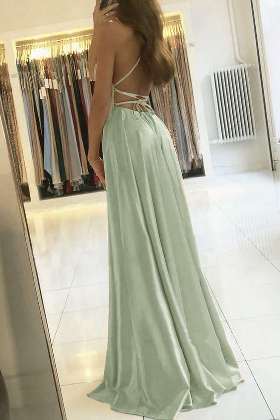 Spaghetti Straps Dusty Sage Side Slit Long Prom Dresses