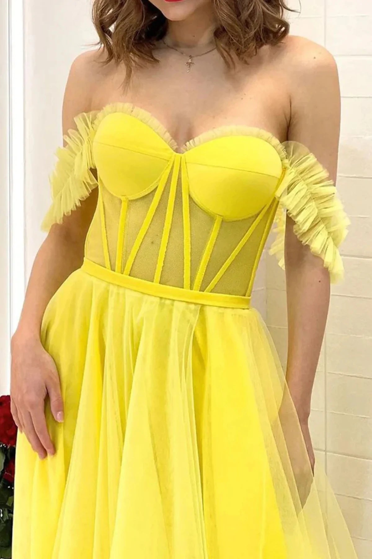 A Line Off the Shoulder Yellow Tulle Long Prom Dresses OK1919