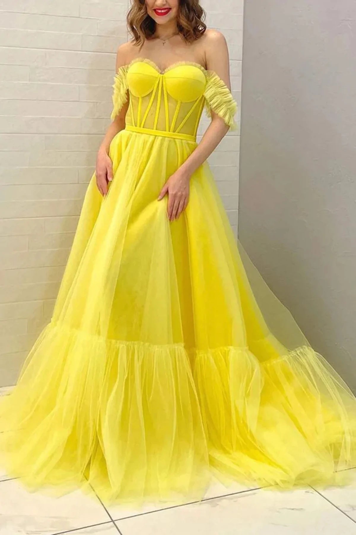 A Line Off the Shoulder Yellow Tulle Long Prom Dresses OK1919