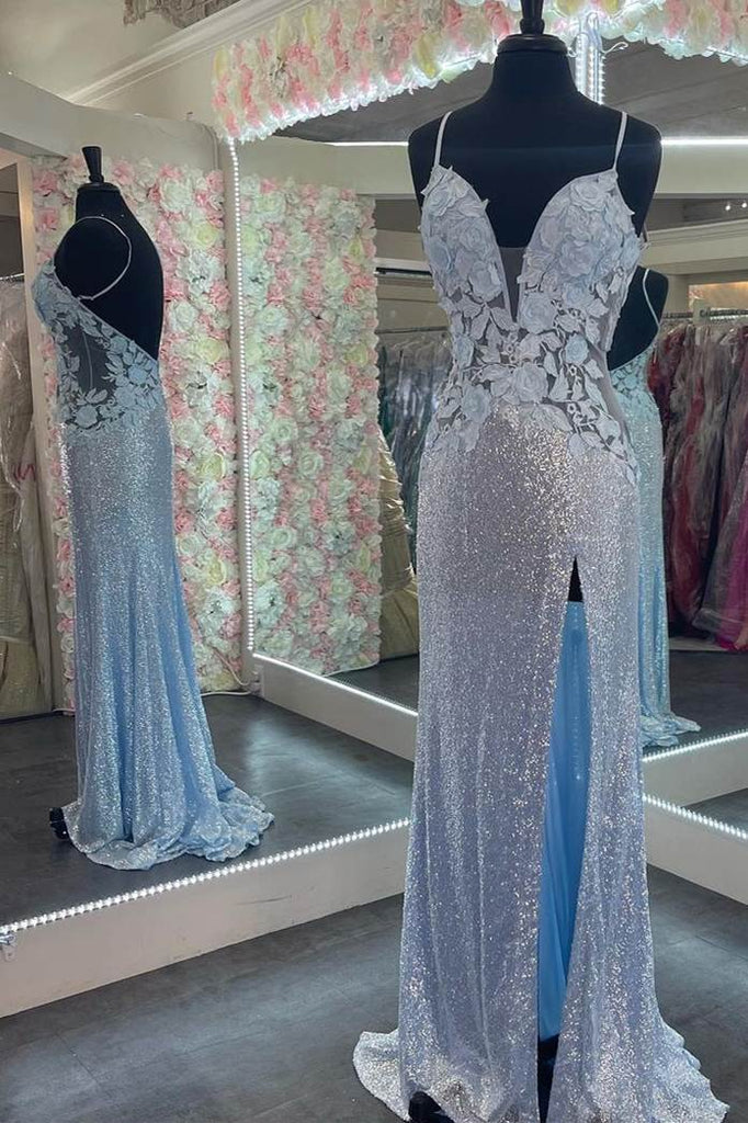 Straps Light Blue Elegant Sequins Appliques Sheath Long Prom Dresses