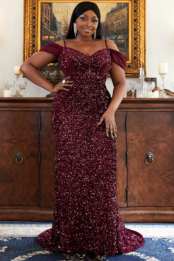 Off-the-shoulder Sweep Train Party Dresses Sequin Plus Size Formal Evening  Dresses