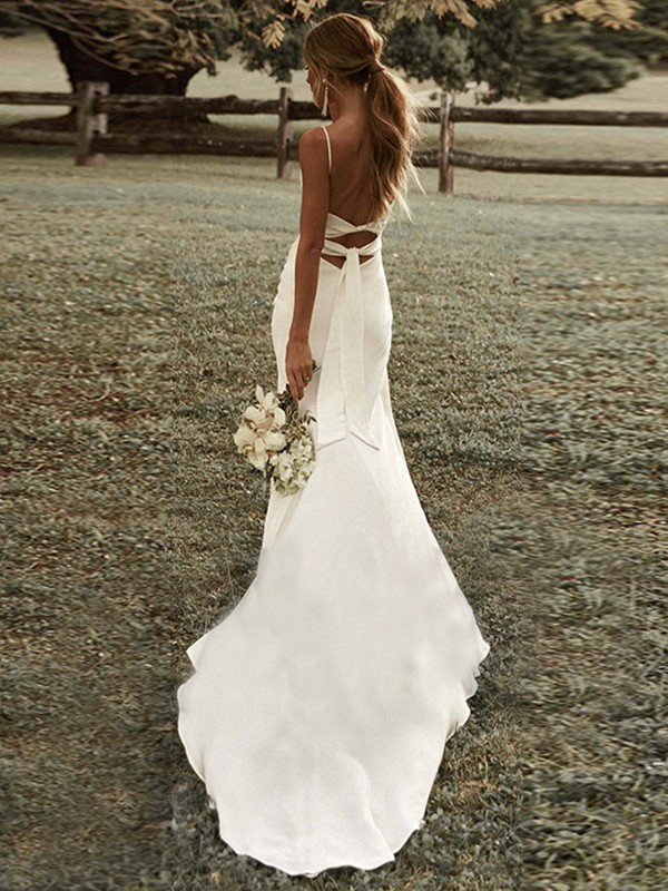 Column Spaghetti Straps Sleeveless Sweep Train Wedding Dresses