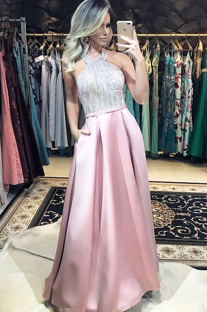 A Line Halter Backless Pink Long Prom Dresses with Pockets Long