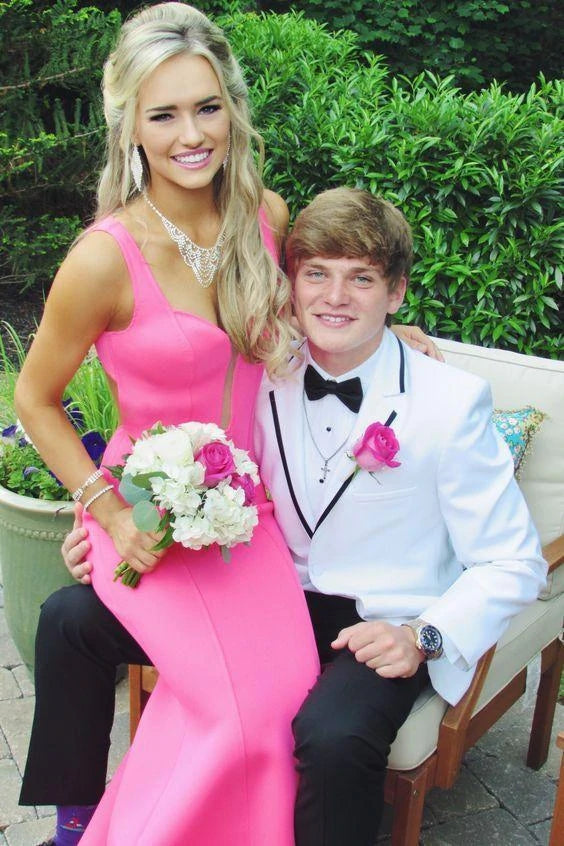 Hot Pink Open Back Formal Evening Dresses Mermaid Long Prom Dresses