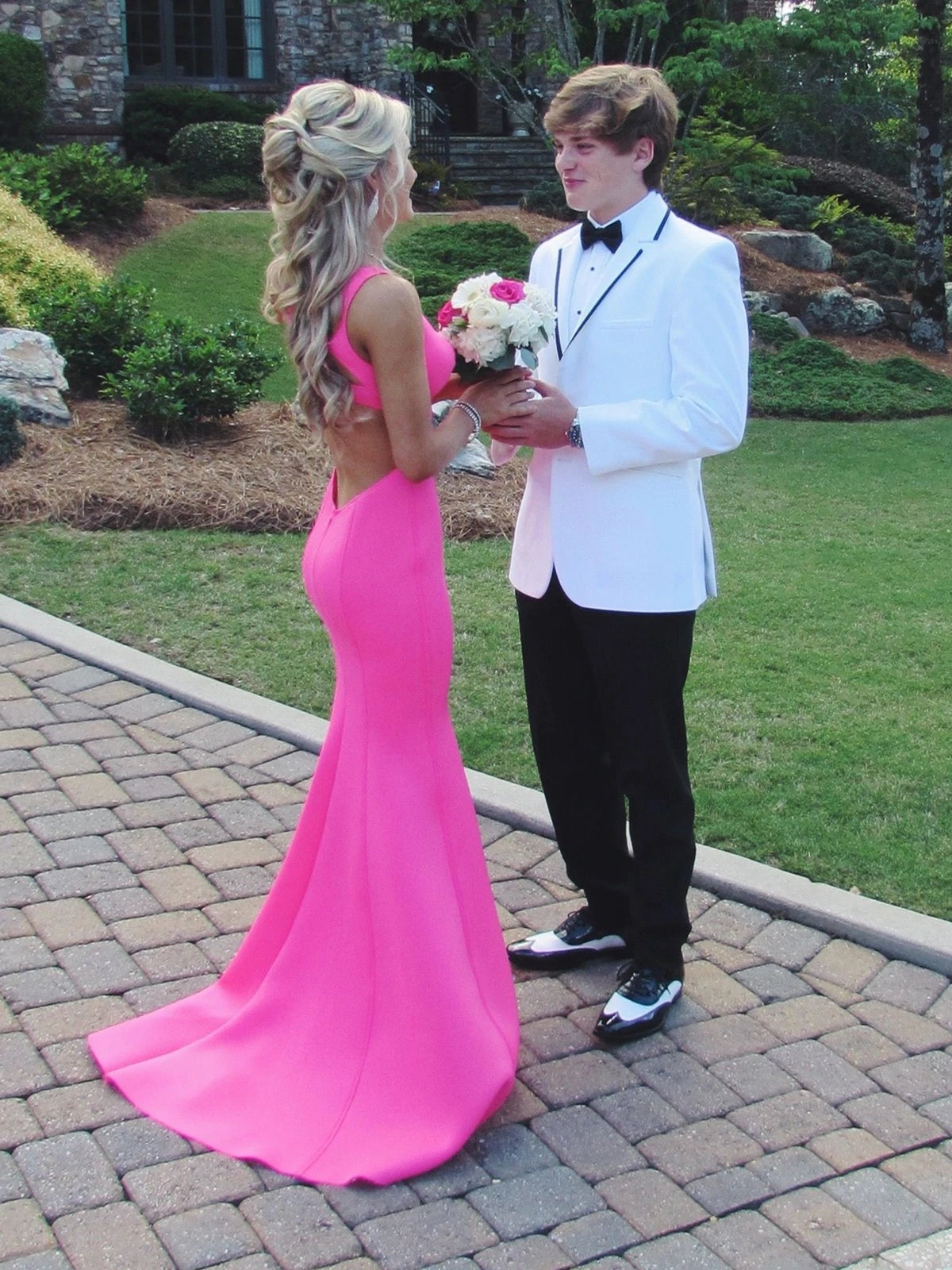 Hot Pink Open Back Formal Evening Dresses Mermaid Long Prom Dresses