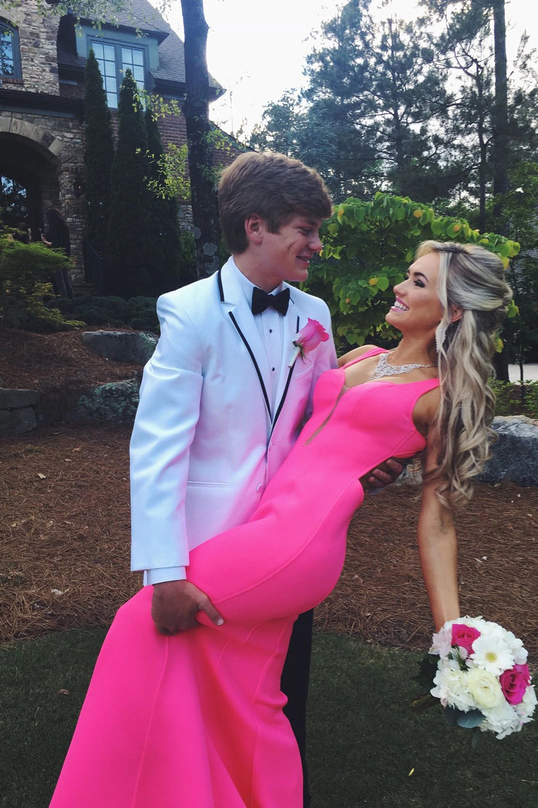 Hot Pink Open Back Formal Evening Dresses Mermaid Long Prom Dresses