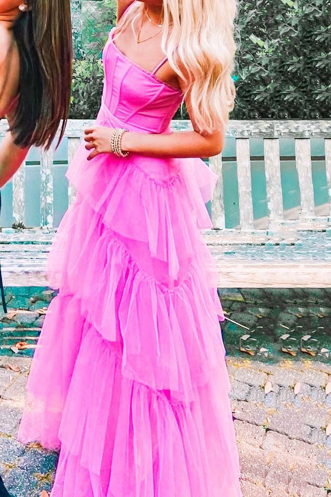 Fashion Hot Pink Layered Ruffles Evening Gown A-Line Tulle Long Prom Dress