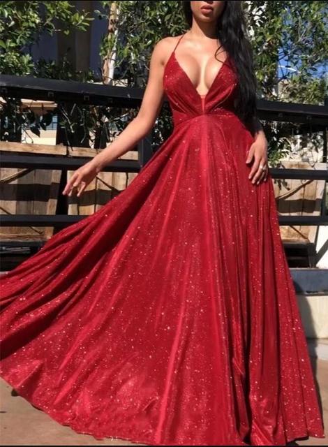 Sexy A Line Red V-Neck Criss Cross Back School Party Gown Long Prom Dresses