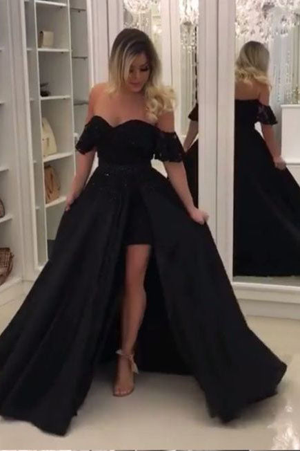 Black Off Shoulder Long Evening Dresses with Lace Unique Split Prom Dresses with Lace N1109