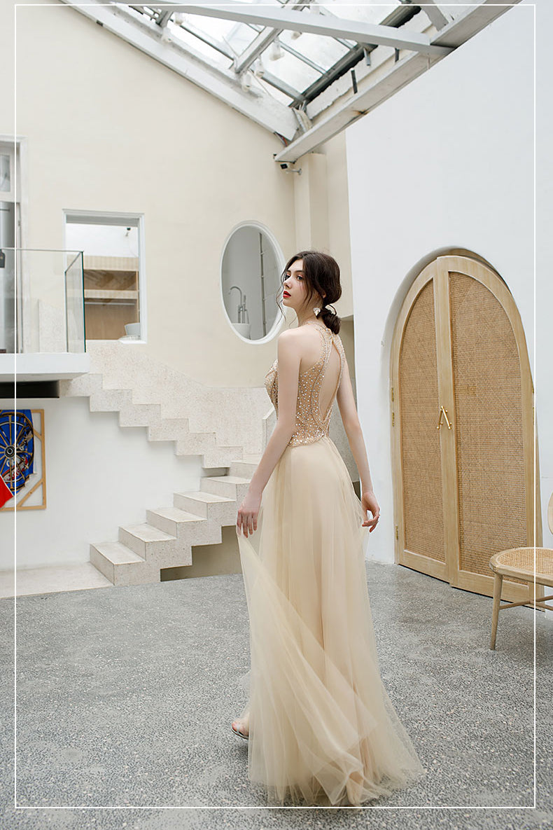 Halter Sleeveless Open Back Tulle Prom Dresses with Sequins N2663